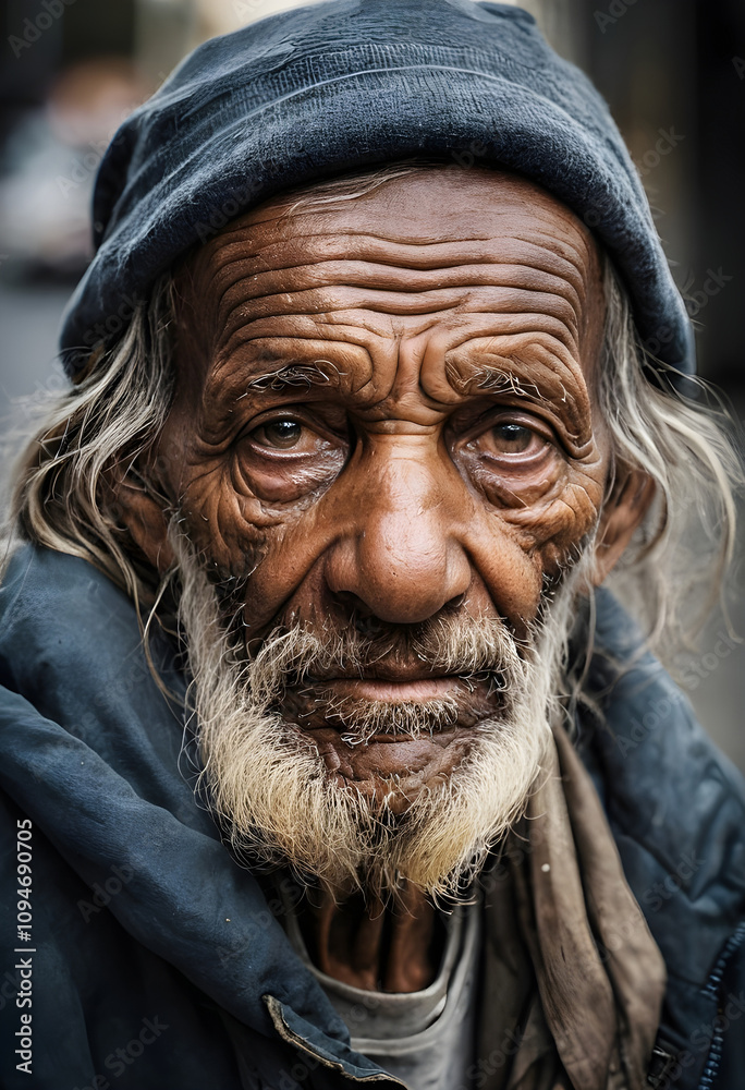 Portrait of old homeless man standing on the cold city street. Homelessness social issue concept Portrait of old homeless man standing on the cold city street. Homelessness social issue concept