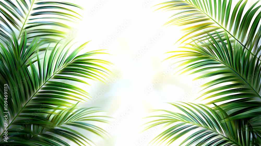 Obraz premium Vibrant Green Palm Fronds Framing a White Background with a Blurred Green and Yellow Backdrop, Creating a Tropical and Tranquil Atmosphere