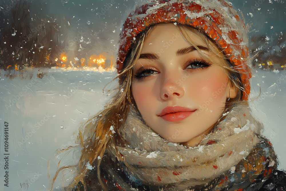 In this oil painting of primitive folk art, a young girl enjoys a winter night surrounded by warm earthy colors In this oil painting of primitive folk art, a young girl enjoys a winter night surrounded by warm earthy colors