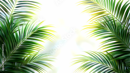 Vibrant Green Palm Fronds Framing a White Background with a Blurred Green and Yellow Backdrop, Creating a Tropical and Tranquil Atmosphere