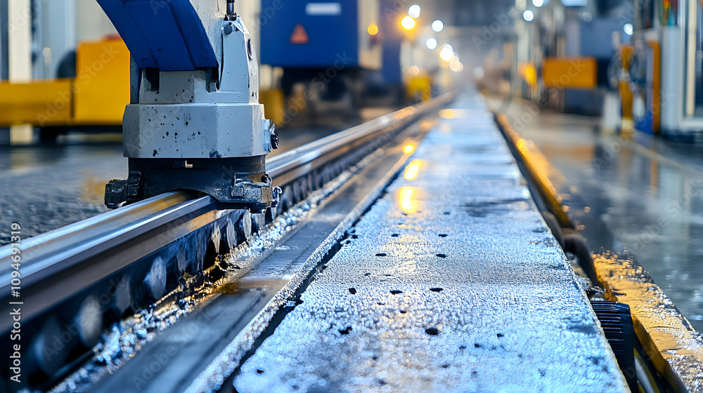 Industrial Robot Arm Polishing Metal Rail in Factory Setting, Close-up View