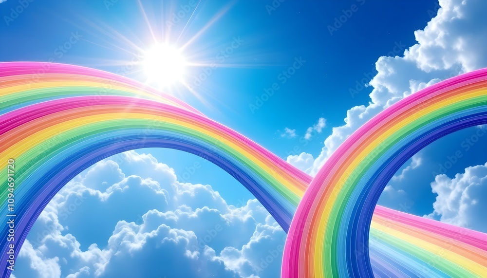 Abstract rainbow lanes curves with blue sky background bright sunlight banner wallpaper with copy space pride. A faded rainbow in the sky is going into some clouds. Rainbow in the Sky Abstract rainbow lanes curves with blue sky background bright sunlight banner wallpaper with copy space pride. A faded rainbow in the sky is going into some clouds. Rainbow in the Sky