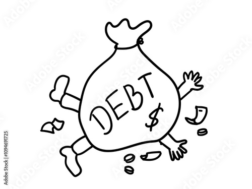 A guy crushed under a sack of money, in debt concept doodle illustration