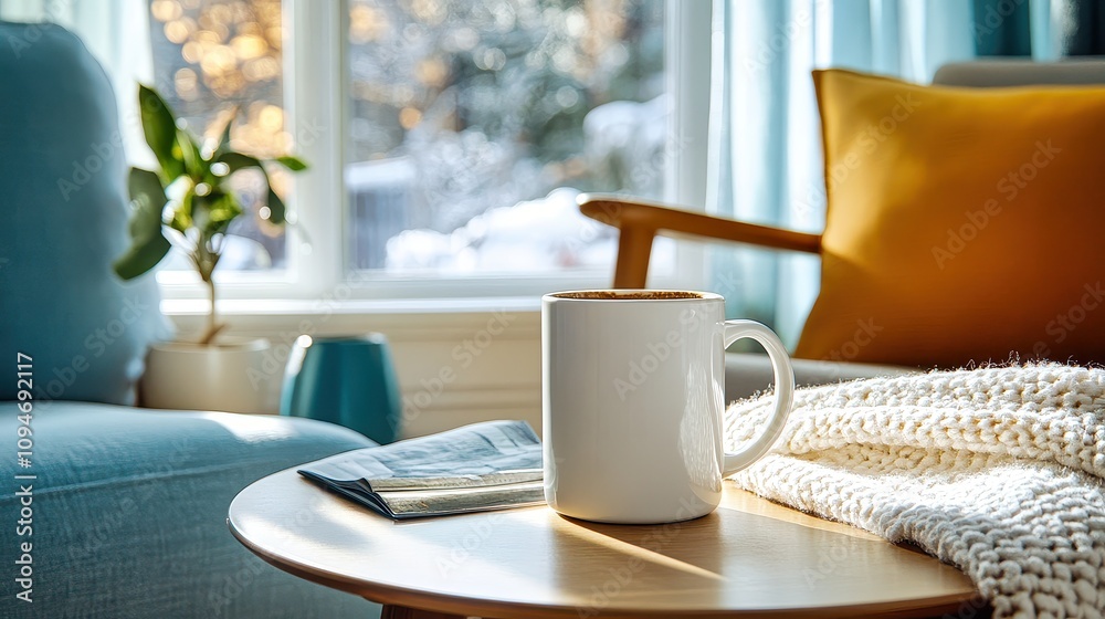 Cozy winter morning with warm coffee near a snow-covered window Cozy winter morning with warm coffee near a snow-covered window