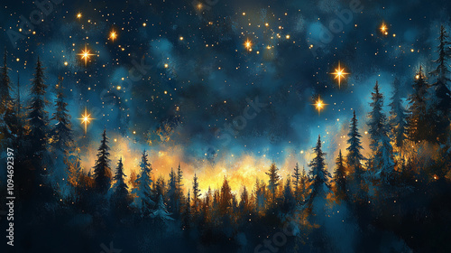 Christmas design background for Cgristmas cards, banner, wallpaper, Wood, branches, night sky, forest, stars, northen lights. Fairytale deep blue festive bacdrop, place for text. Gretting card