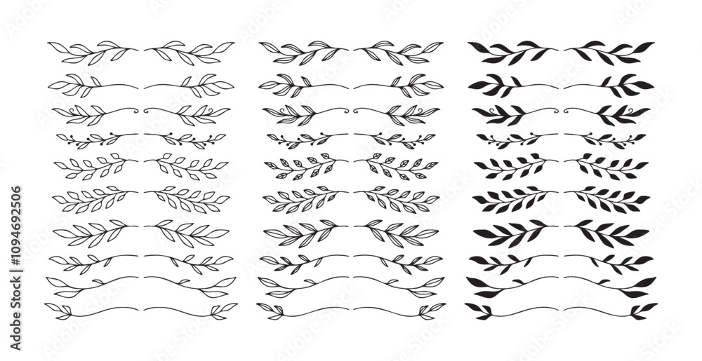 Hand drawn floral text divider isolated Doodle style set. Silhouette branches for invitations, web, books, greeting cards. 