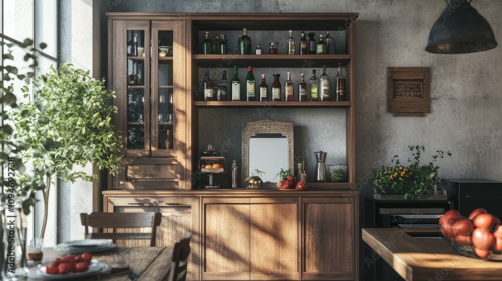 Designer interior with an open shelf cabinet, a collection of souvenirs and bottles, a bar setup with a mirror, and a modern dining area. Designer interior with an open shelf cabinet, a collection of souvenirs and bottles, a bar setup with a mirror, and a modern dining area.