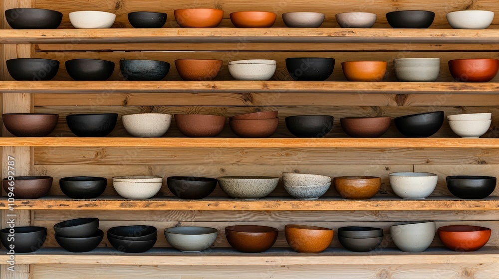 Handmade Ceramics concept. A display of colorful, handcrafted bowls arranged neatly on wooden shelves, showcasing various shapes and textures in a visually appealing manner. Handmade Ceramics concept. A display of colorful, handcrafted bowls arranged neatly on wooden shelves, showcasing various shapes and textures in a visually appealing manner.