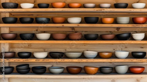 Handmade Ceramics concept. A display of colorful, handcrafted bowls arranged neatly on wooden shelves, showcasing various shapes and textures in a visually appealing manner.