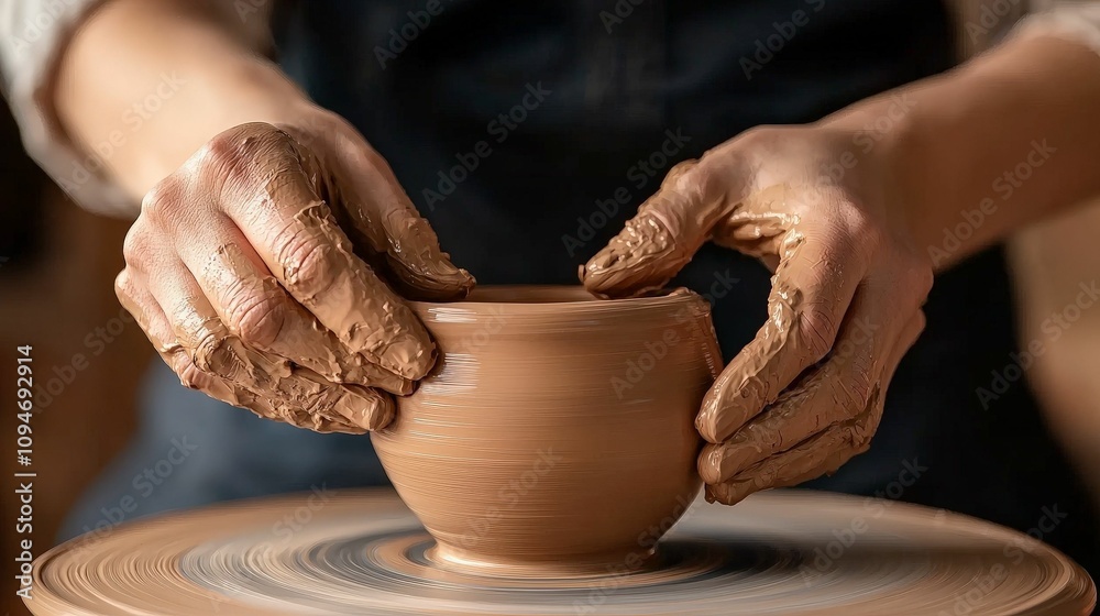 Handmade Ceramics concept. A person shapes a clay bowl on a pottery wheel, showcasing skill and creativity in traditional craftsmanship. Handmade Ceramics concept. A person shapes a clay bowl on a pottery wheel, showcasing skill and creativity in traditional craftsmanship.