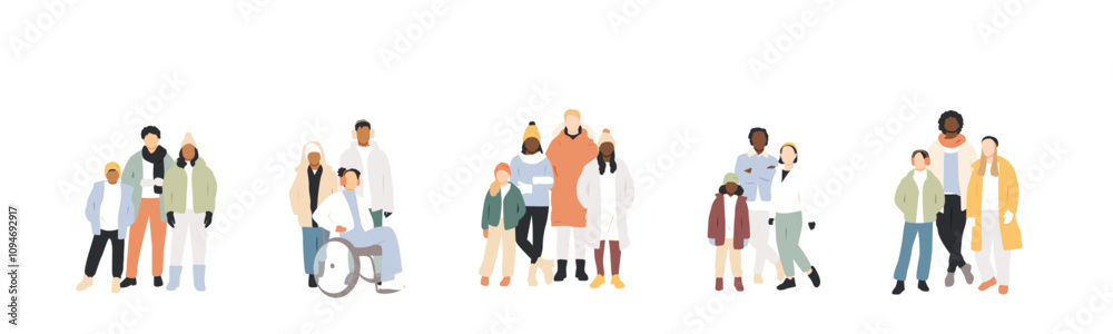 Set of multicultural groups of parents and children wearing winter clothes.