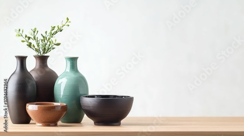 Wallpaper Mural Handmade Ceramics concept. A serene arrangement of decorative vases and bowls on a wooden surface, accentuated by greenery, creating a minimalist aesthetic. Torontodigital.ca
