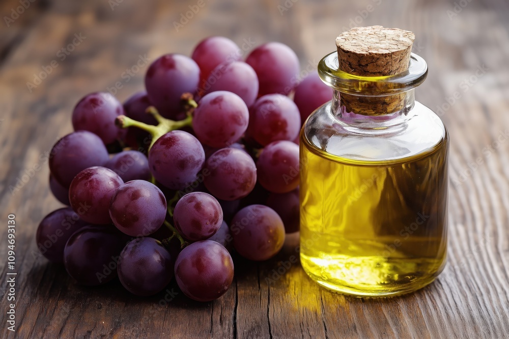 Grape seed oil in small bottle and bunch of grapes together. Grape seed oil in small bottle and bunch of grapes together.