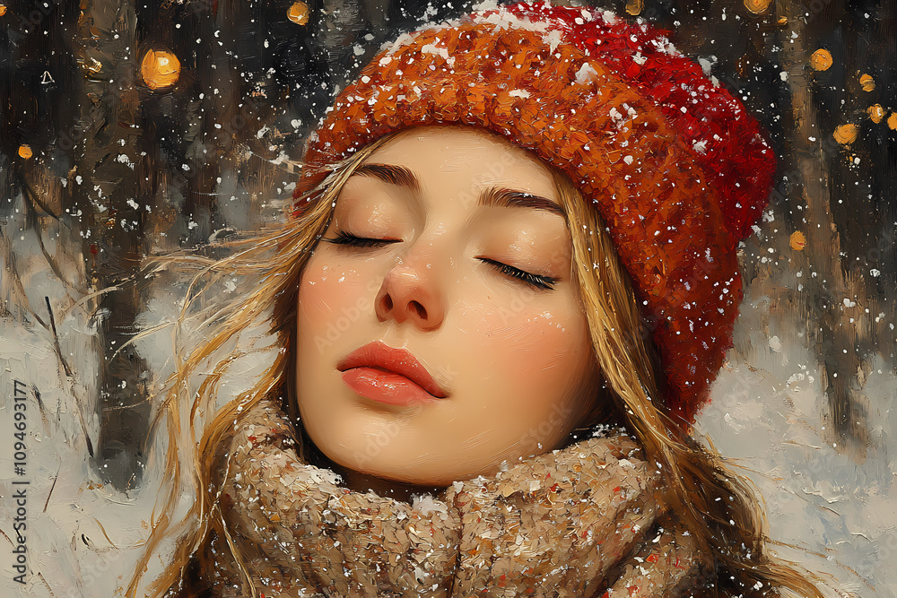 In this oil painting of primitive folk art, a young girl enjoys a winter night surrounded by warm earthy colors In this oil painting of primitive folk art, a young girl enjoys a winter night surrounded by warm earthy colors