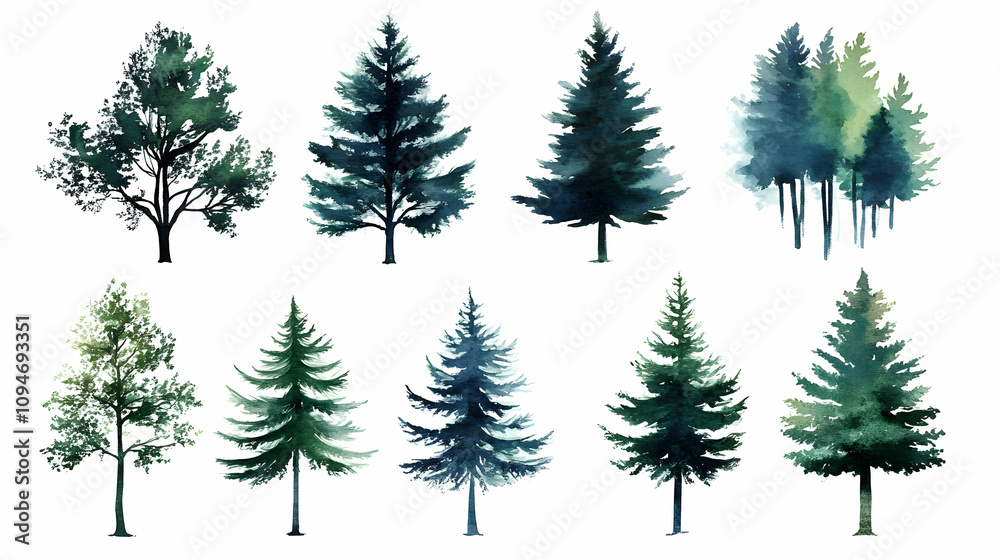 Obraz premium Watercolor Illustration of a Collection of Green Trees with White Background