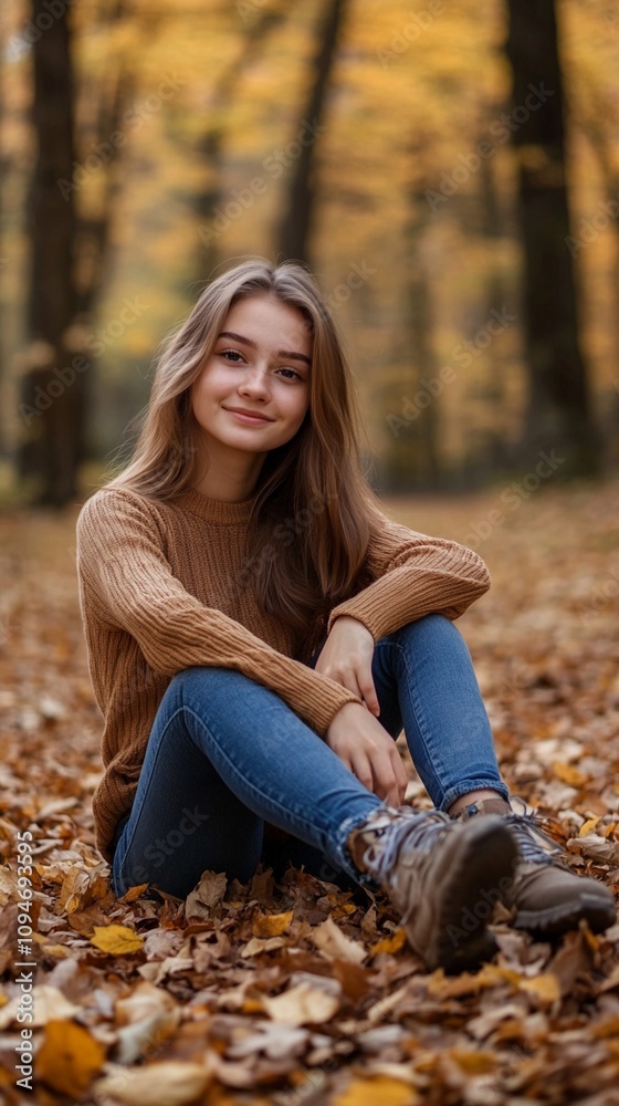 Autumn portrait of a young woman sitting on fallen leaves in a forest, wearing a cozy sweater and jeans, surrounded by golden foliage and trees. Autumn portrait of a young woman sitting on fallen leaves in a forest, wearing a cozy sweater and jeans, surrounded by golden foliage and trees.