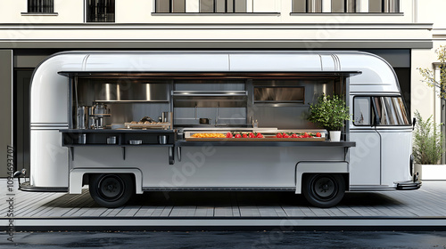 Vintage Food Truck Exterior Design: A 3D Rendering of a Retro-Styled Mobile Kitchen with Fresh Produce Displayed on the Counter.