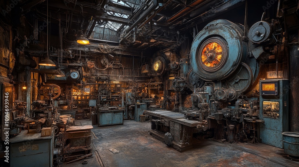 A Rusty, Industrial Workshop with a Large, Complex Gear Mechanism A Rusty, Industrial Workshop with a Large, Complex Gear Mechanism
