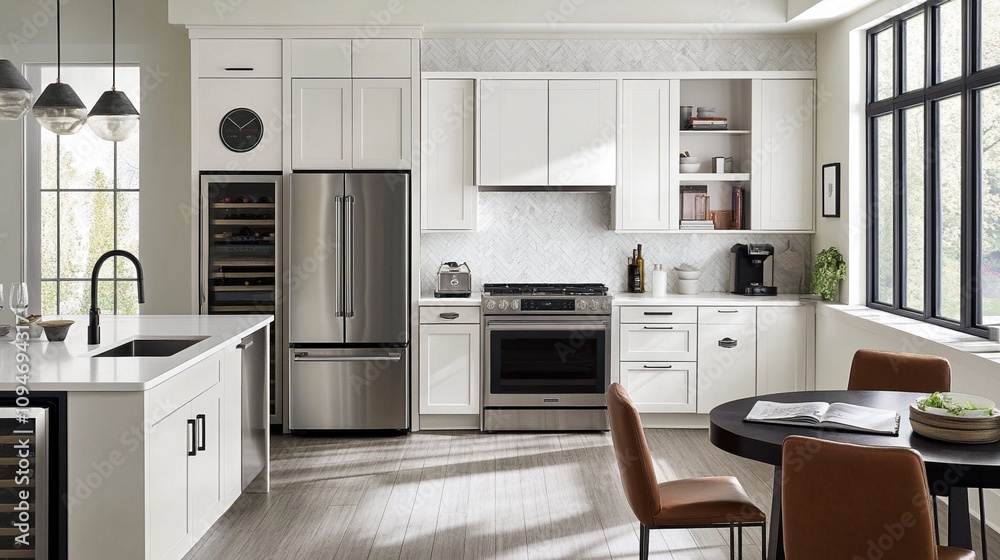 Modern white kitchen with stainless steel appliances, island, and dining area. Bright space featuring large windows, pendant lights, and sleek cabinetry for a clean, contemporary look. Modern white kitchen with stainless steel appliances, island, and dining area. Bright space featuring large windows, pendant lights, and sleek cabinetry for a clean, contemporary look.