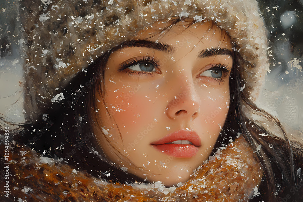 In this oil painting of primitive folk art, a young girl enjoys a winter night surrounded by warm earthy colors In this oil painting of primitive folk art, a young girl enjoys a winter night surrounded by warm earthy colors