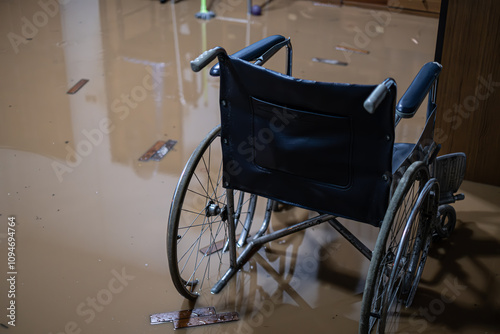 A wheelchair is sitting in a flooded room. The chair is black and has a silver wheel. The room is dirty and wet, with debris and trash scattered around. Scene is one of chaos and disarray