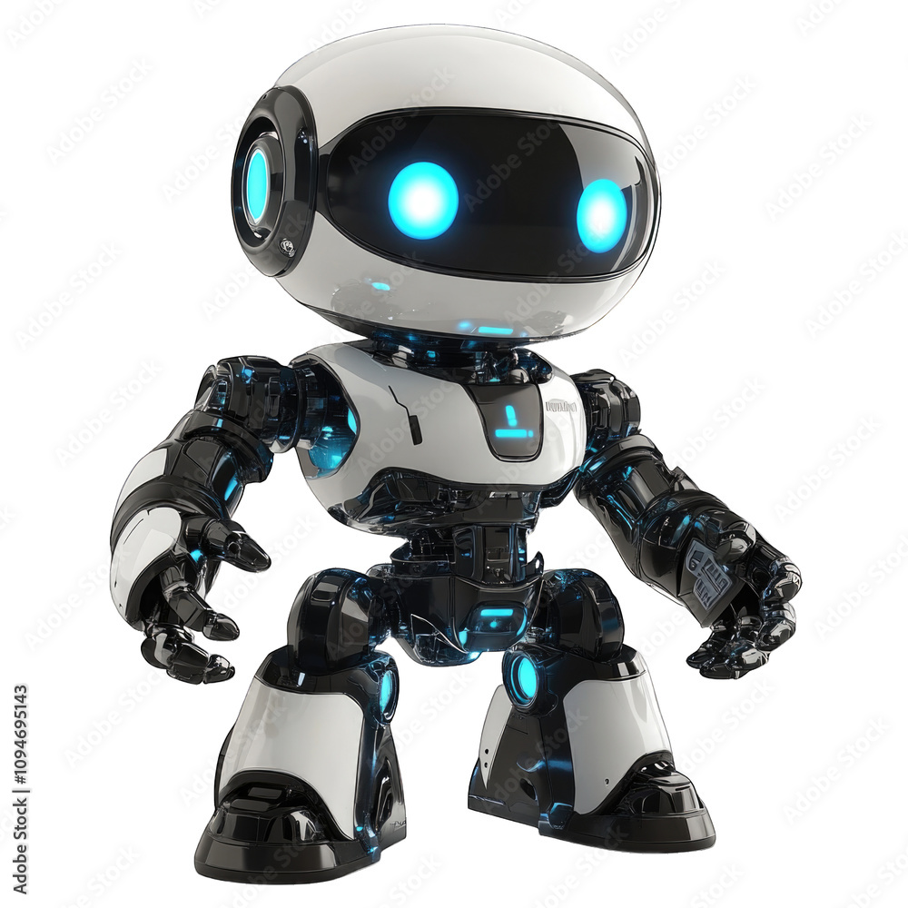 Robot toy with blue glowing eyes and black and white design isolated on transparent background cutout png Robot toy with blue glowing eyes and black and white design isolated on transparent background cutout png