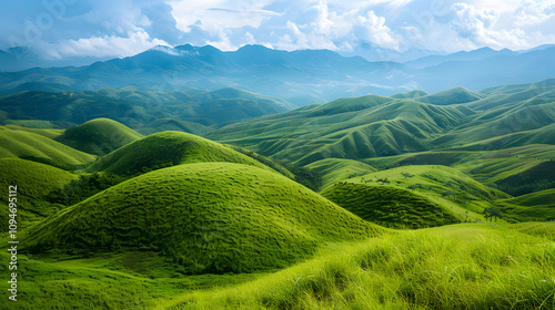 rolling green hills lush meadows and towering mountains set against a backdrop of a vast blue sky showcasing the untamed beauty of nature in summertime with white shades, minimalism, png