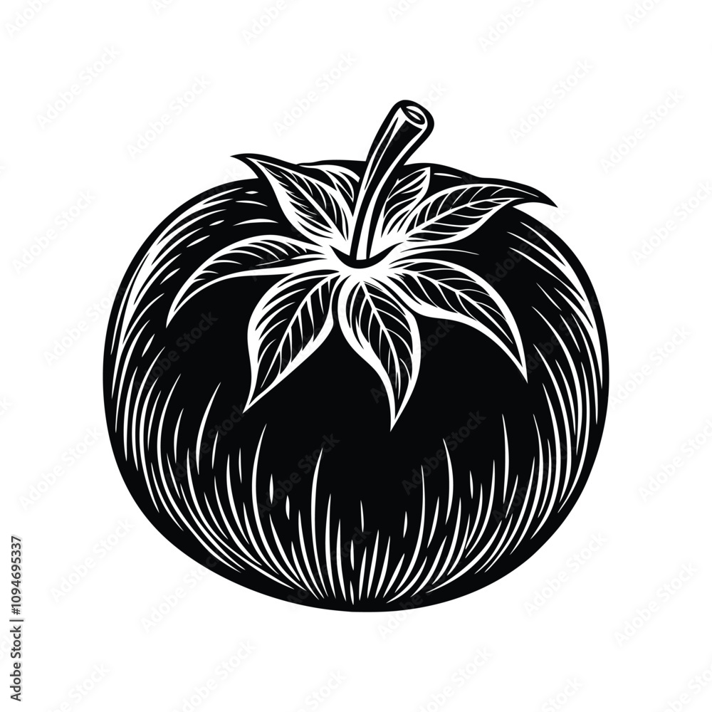A stylized black and white illustration of a ripe tomato with its stem and leaves, vector design A stylized black and white illustration of a ripe tomato with its stem and leaves, vector design