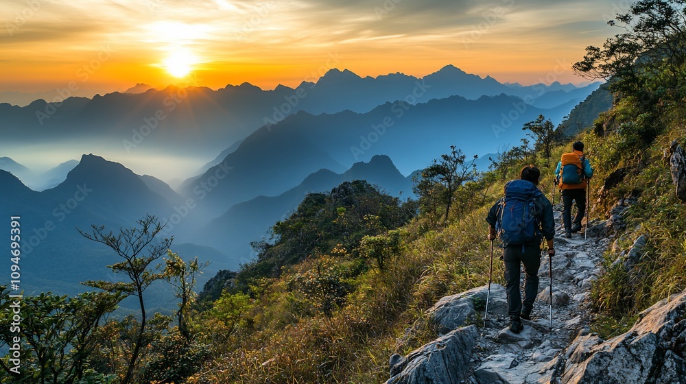 Three hikers walk along a mountain path at sunset. Three hikers walk along a mountain path at sunset.