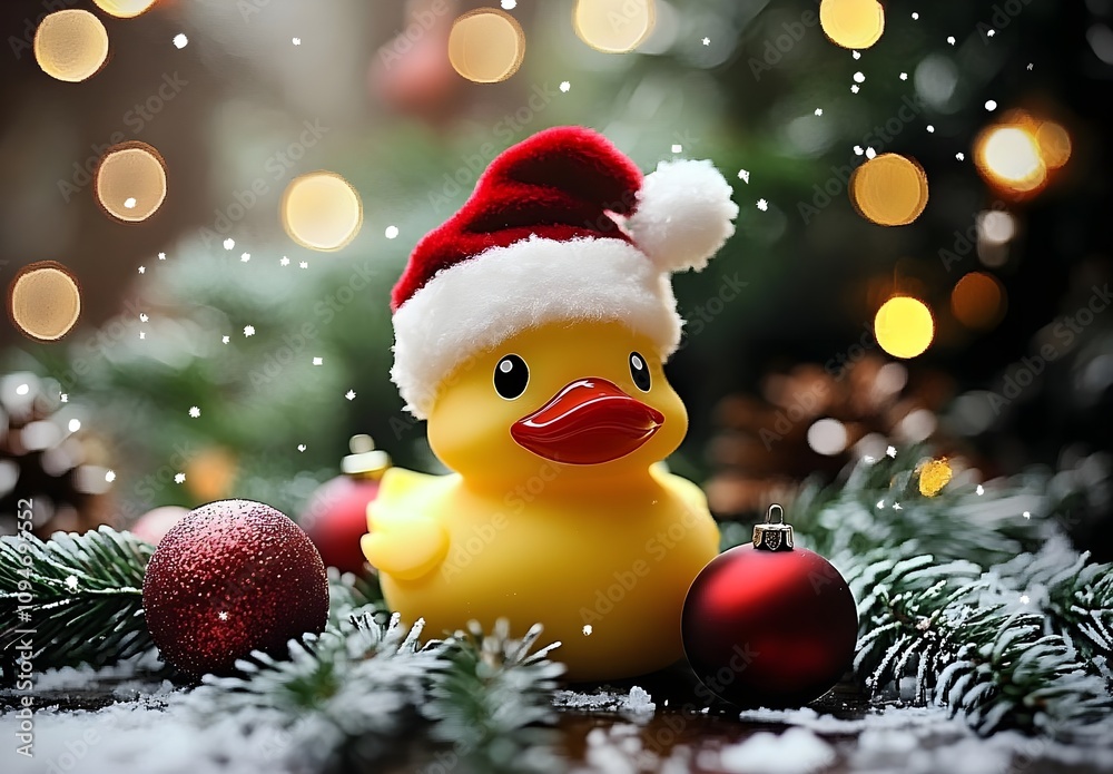 Adorable Yellow Duck Wearing a Christmas Hat Amidst Festive Decorations and Holiday Ornaments with a Soft Focus on a Beautiful Holiday Background Adorable Yellow Duck Wearing a Christmas Hat Amidst Festive Decorations and Holiday Ornaments with a Soft Focus on a Beautiful Holiday Background