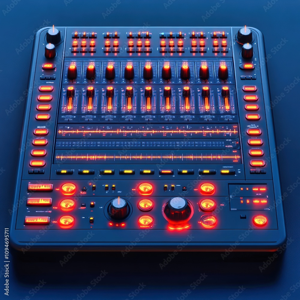 Explore the vibrant world of sound with a futuristic audio mixer glowing in red and black hues, perfect for creative music production Explore the vibrant world of sound with a futuristic audio mixer glowing in red and black hues, perfect for creative music production
