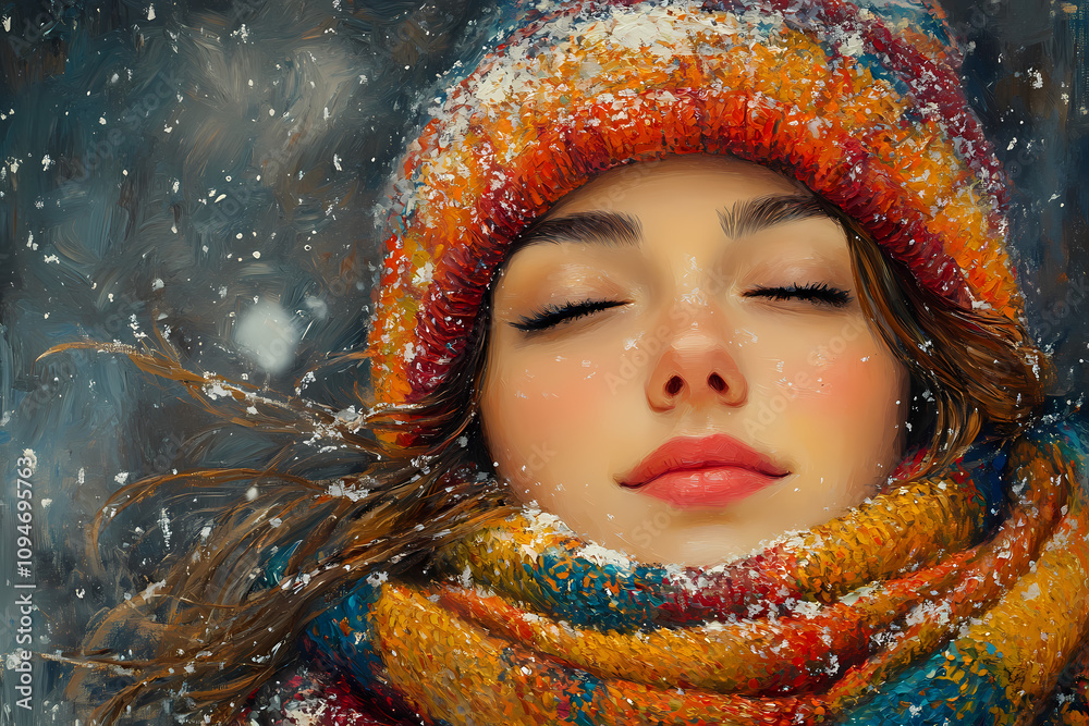 In this oil painting of primitive folk art, a young girl enjoys a winter night surrounded by warm earthy colors In this oil painting of primitive folk art, a young girl enjoys a winter night surrounded by warm earthy colors