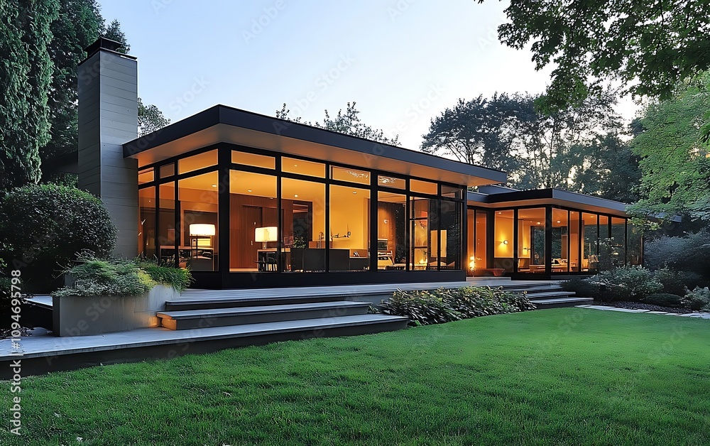 Modern house with large windows, illuminated interior, and landscaped yard at dusk. Modern house with large windows, illuminated interior, and landscaped yard at dusk.