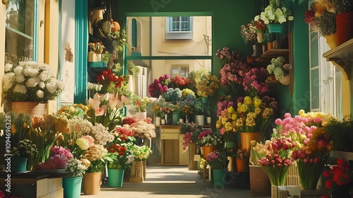 A Vibrant Flower Shop Filled with an Abundance of Colorful Blooms Ranging from Bright Pink to Lush Green in a Charming Urban Setting