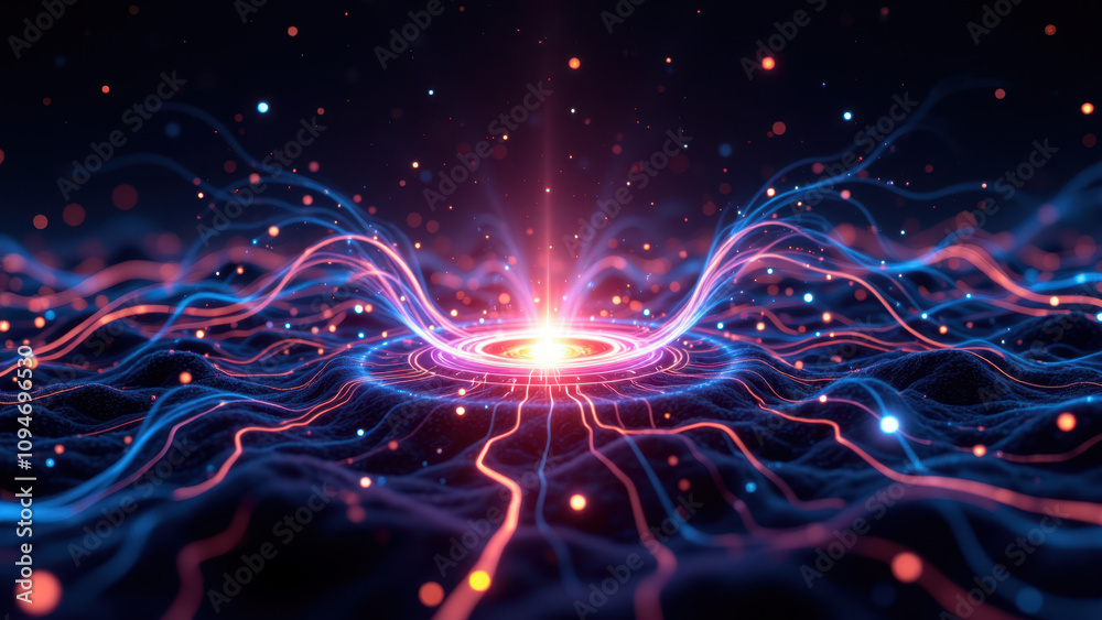Ethereal abstract tech landscape with vibrant energy currents.