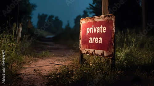 Private Area Schild bei Nacht auf ländlichem Pfad