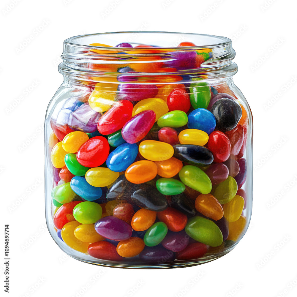 Colorful jelly beans in a glass jar isolated on transparent background cutout png