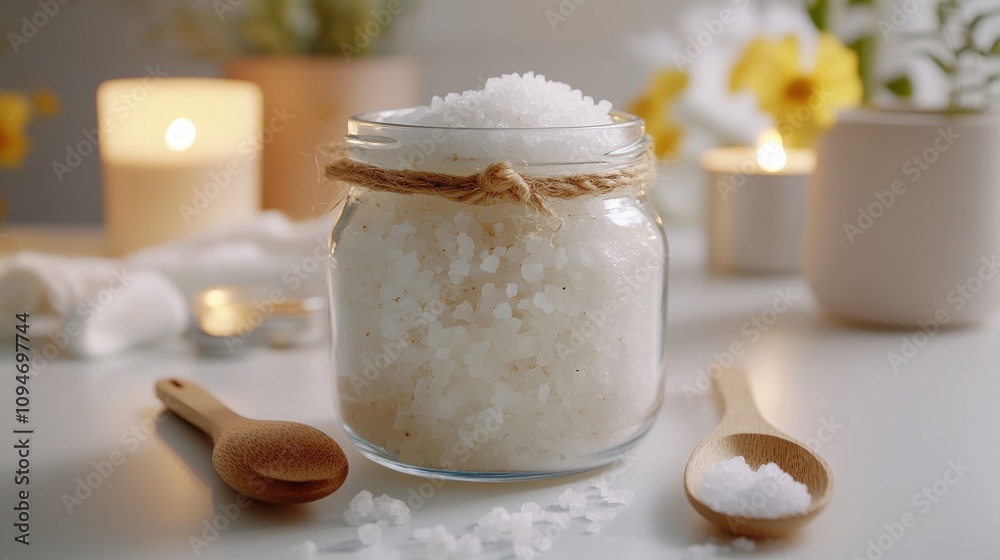 A glass jar filled with bath salts sits on a table next to a wooden spoon and warm candles, creating a calming, relaxing atmosphere and inviting self-care. A glass jar filled with bath salts sits on a table next to a wooden spoon and warm candles, creating a calming, relaxing atmosphere and inviting self-care.