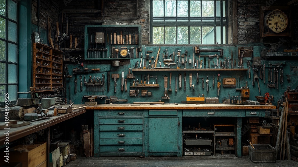 A cluttered workshop with tools and equipment on the walls and workbenches A cluttered workshop with tools and equipment on the walls and workbenches