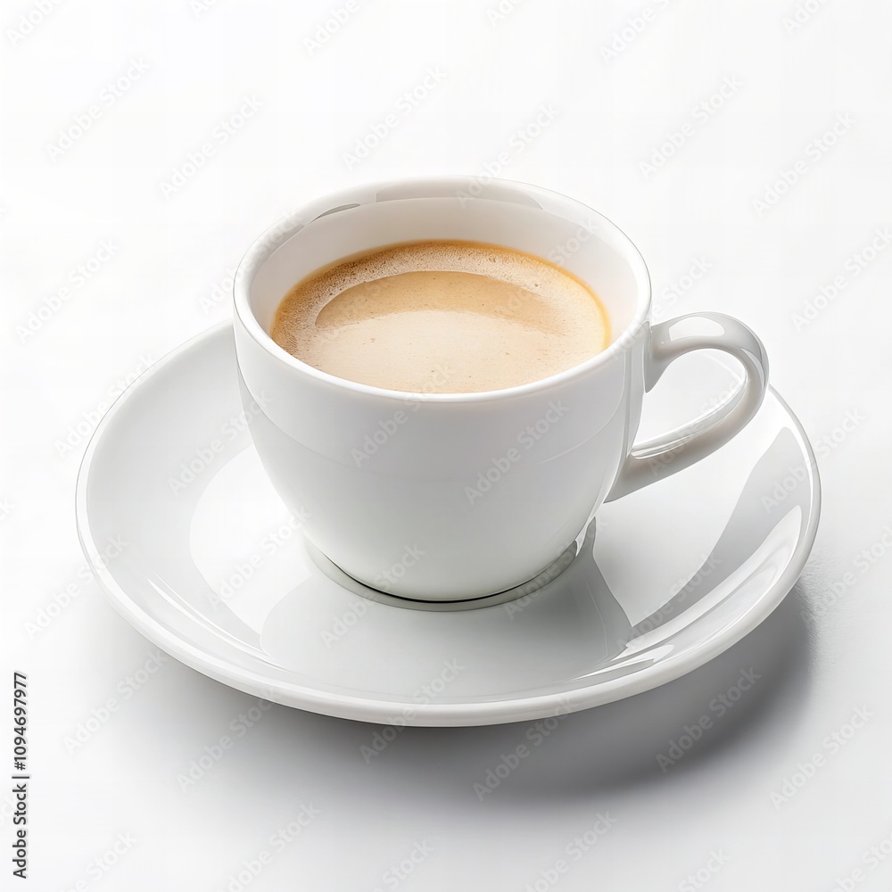 Elegant White Porcelain Cup of Coffee with Creamy Foam on Matching Saucer in Minimalist Setting