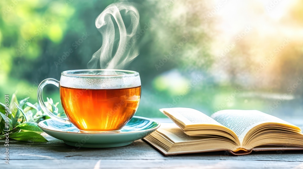 Enjoying a peaceful moment with tea and a book amidst nature's beauty on a sunny day Enjoying a peaceful moment with tea and a book amidst nature's beauty on a sunny day