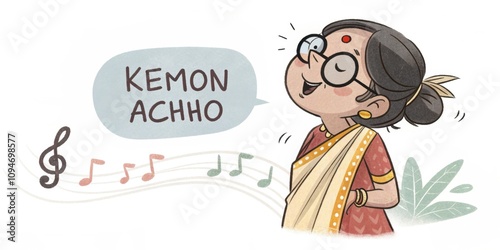 Cartoon illustration of a bengali woman wearing traditional clothing and glasses, singing with musical notes and a speech bubble containing the bengali phrase kemon acho, which means how are you photo