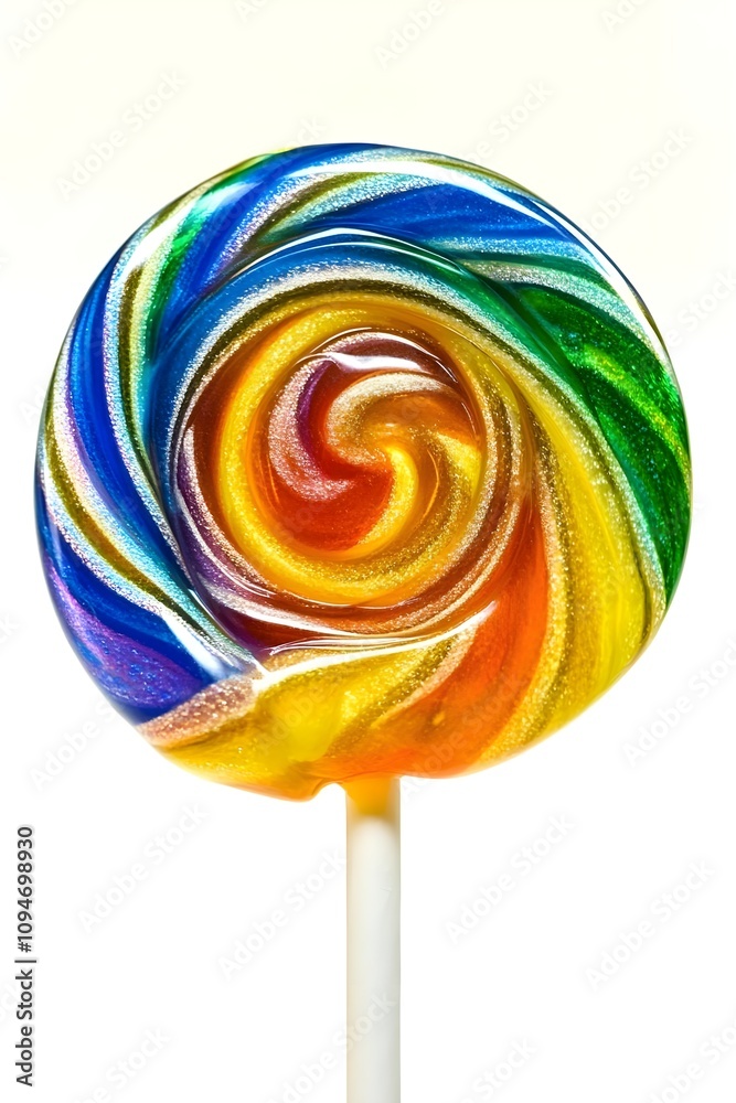 Colorful Lollipop with Rainbow Swirls Displayed Against a Clean White Background, Capturing the Whimsical Nature of Candy Crafts and Desserts