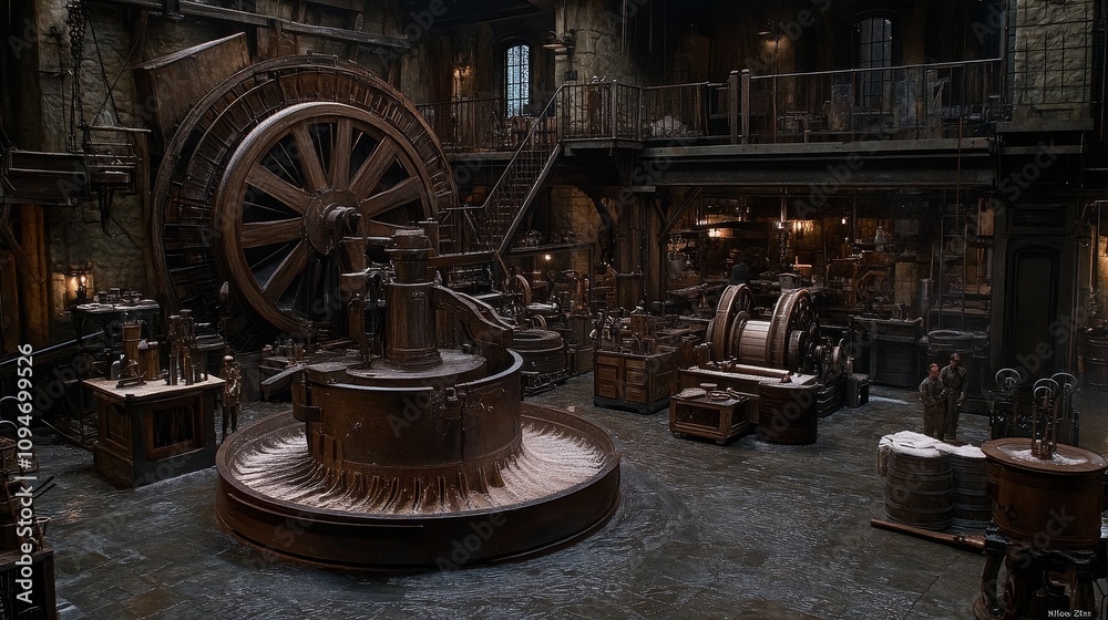 A Grim, Industrial Workshop with Steam-Powered Machinery A Grim, Industrial Workshop with Steam-Powered Machinery