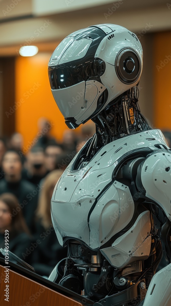 Fototapeta premium Humanoid robot lecturer in modern college classroom setting