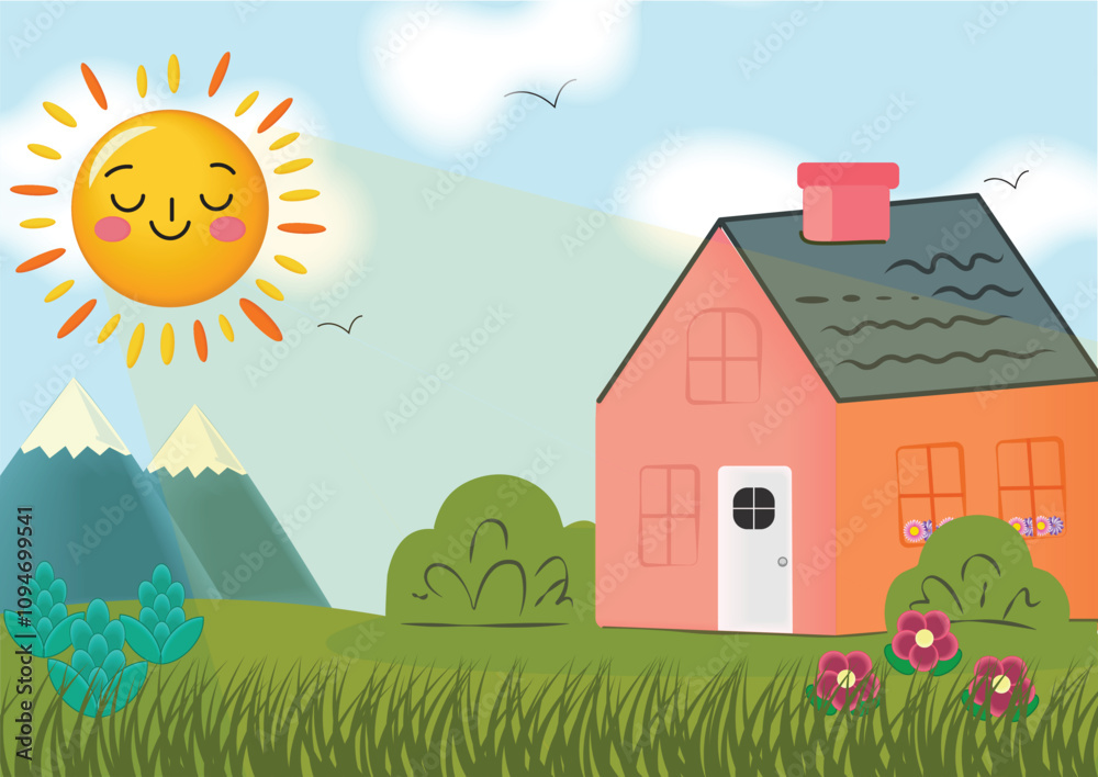 Fototapeta premium Landscape with house, clouds and flowers