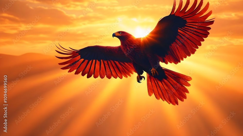 Obraz premium Majestic Red Eagle with Outstretched Wings Soaring Against a Dramatic Sunrise, Capturing the Essence of Freedom and Strength in Nature's Breathtaking Landscape