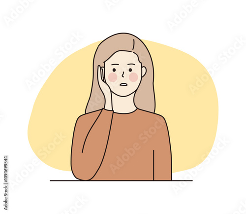 Young shy girl hiding her face peeking secretly. Hand drawn character vector design illustrations.