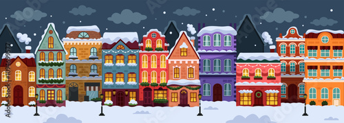Christmas city street. Winter house, scene decor building on New Year. View town lights home. Snow holiday urban. Vector panoramic tidy cottages and townhomes facade, cartoon flat style illustration