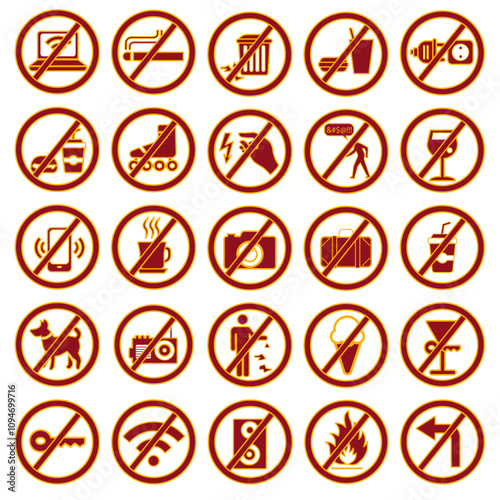 Various prohibition signs in orange on a white background, illustration.